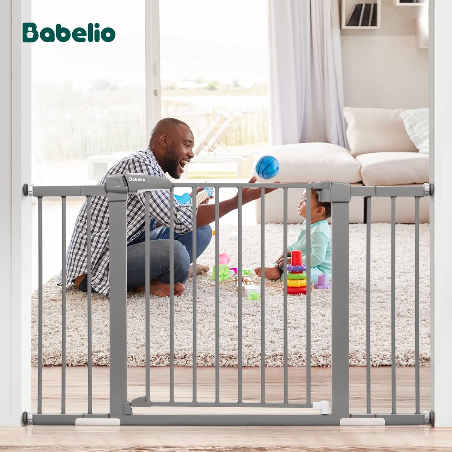 Babelio Metal Baby/Pet Gate, 29-48'' Auto Close Easy Install, Extra Wide Walk Thru for Child Safety, Pressure Mounted Dog Door for Doorways & Stairs, with Y Spindle Rods, Grey