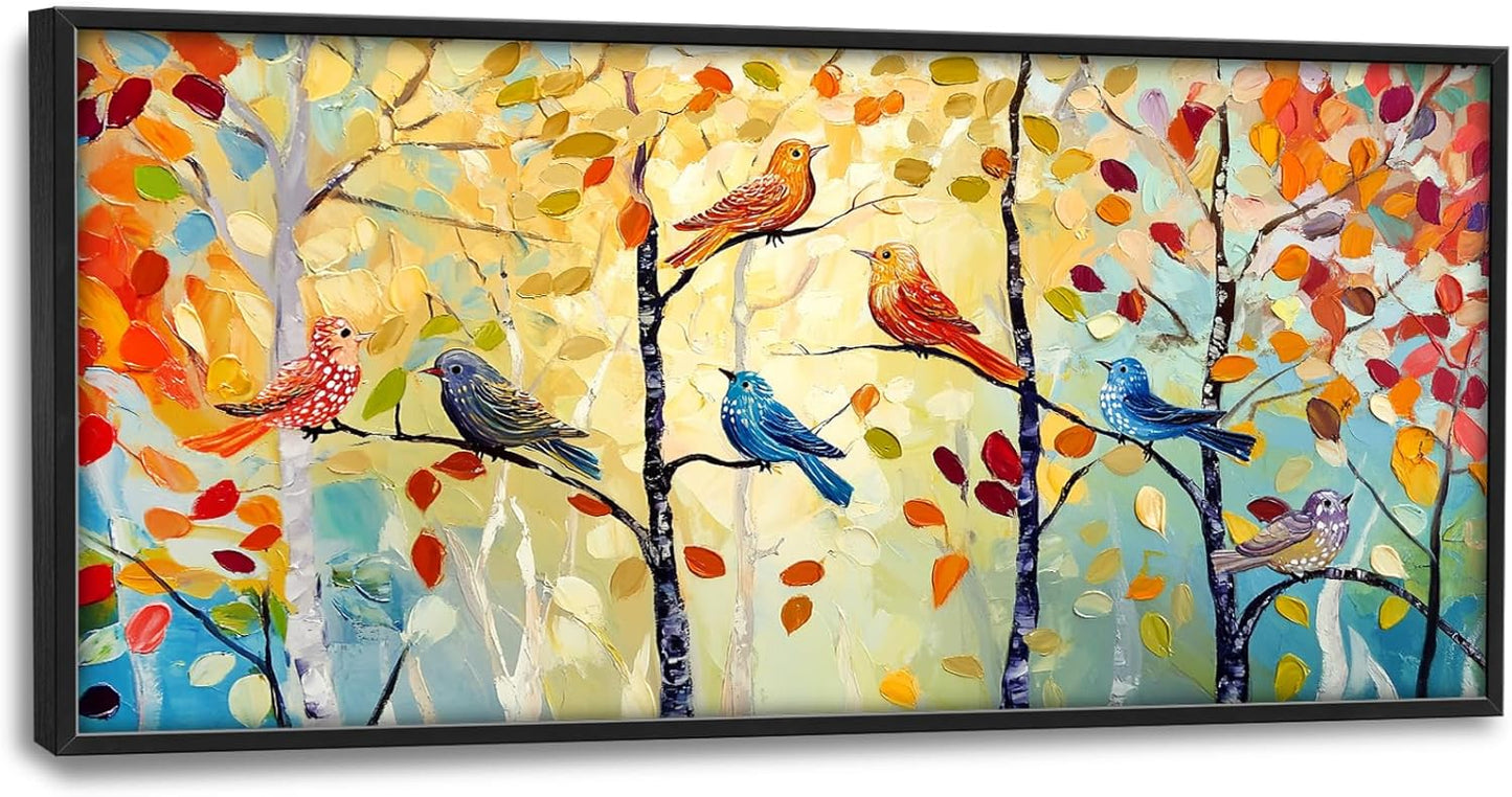 Extra Large Framed Abstract Bird Forest Wall Art,Colorful Birds Birch Tree Wall Decor Pictures for Living Room,Canvas Print Painting Modern Artwork Bedroom Office Bathroom Home Decor 60L x 30W