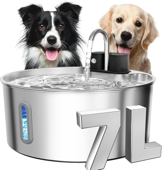 Dog Water Fountain Stainless Steel: 7L/236oz Cordless Large Dog Water Bowl Dispenser Automatic Cat Pet Water Fountain Indoor with Deeper Drinking Area, Multi-Pet Water Fountain with Ultra-Quiet Pump