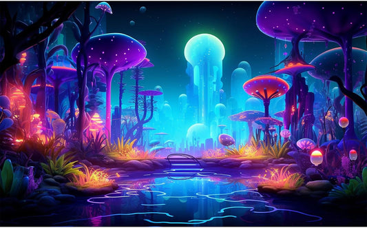 Fantasy Forest Aquarium Background Mysterious Plants Abstract Mushrooms Cartoon Style Forest Terrarium Backdrop Tranquil Stream Fish Tank Background Wallpaper Poster Decor Vinyl 72x16in