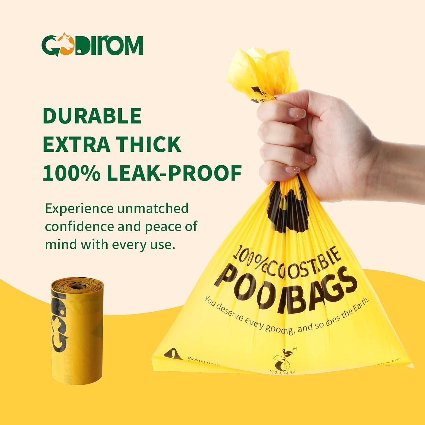 Certified 100% Compostable Poop Bags for Dogs, 270 Count Guaranteed Leak Proof and 18 Microns Extra Thick Dog Waste Bag, 18 Rolls of Plant Based Doggie Poop Bag, No Scented with ASTM D6400 & EN13432