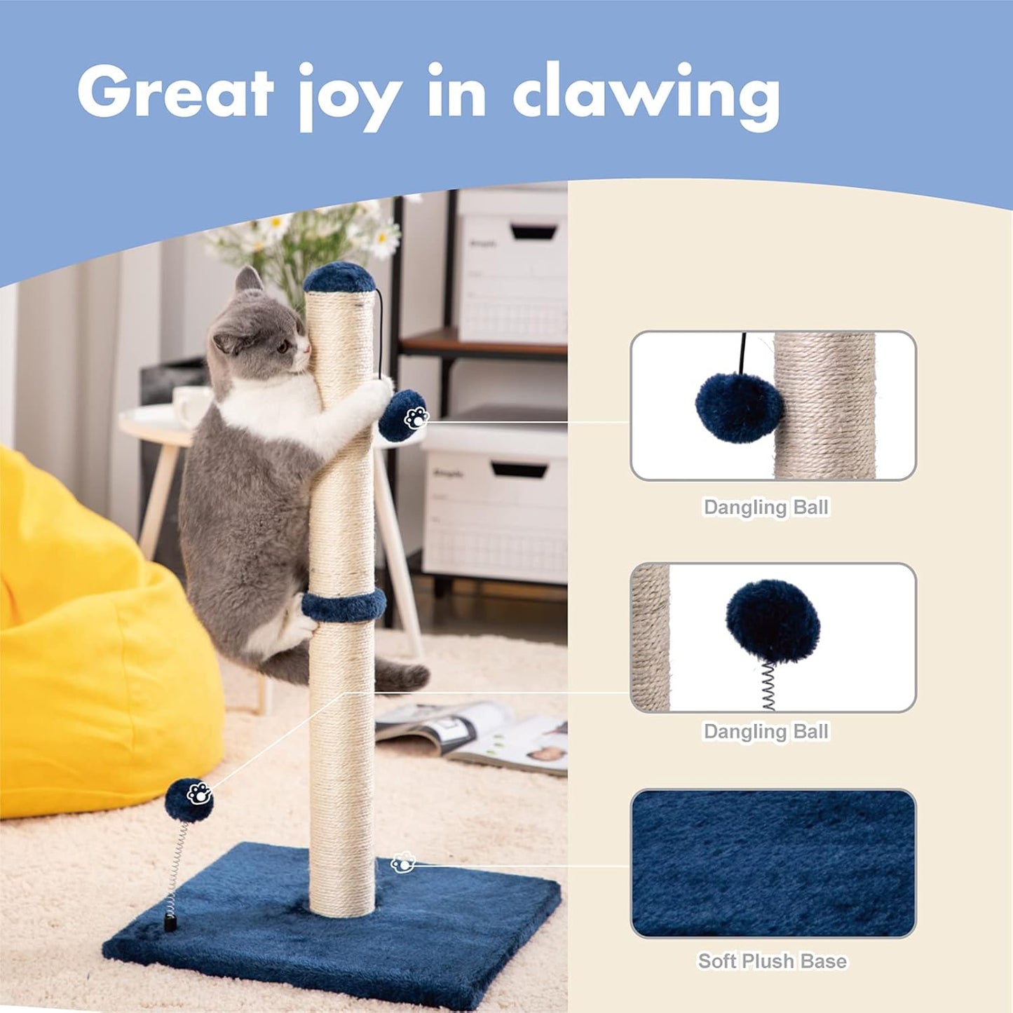 MECOOL 34“ Tall Cat Scratching Post Premium Basics Kitten Scratcher Sisal Scratch Posts Trees with Hanging Ball for Indoor Cats, Navy
