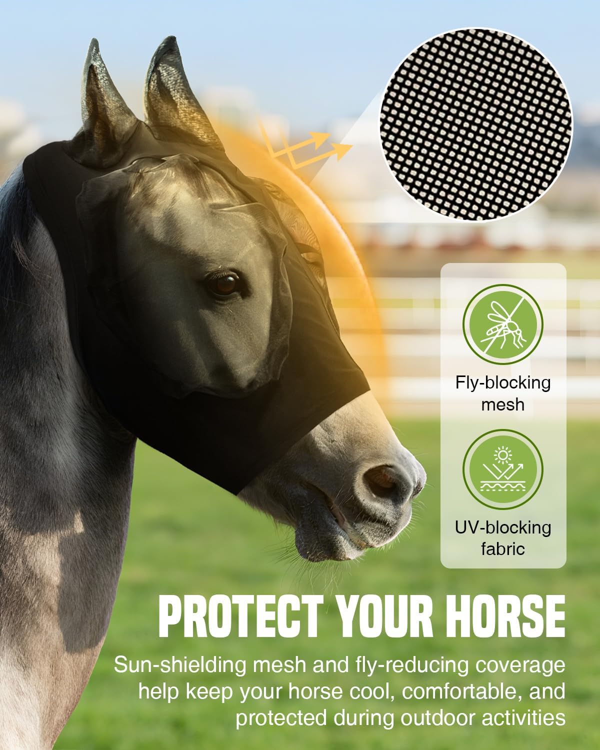 JWODVNTH Fly Masks for Horses with Ears - Large Eye Space, Comfort, UV-Block - Horse Fly Mask for Daily Stable, Hot Weather Riding, and Competition - Cob, Black