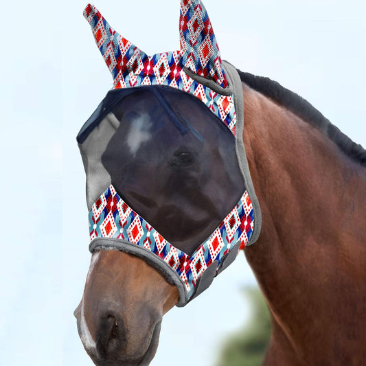 Harrison Howard LumiVista Horse Fly Mask Standard with Ears UV Protection for Horse Tribal Rhombus L Full Size