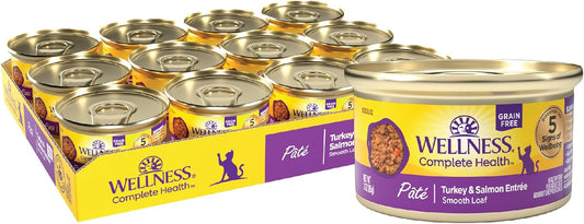 Wellness Complete Health Pate Adult Wet Cat Food, Natural, Protein-Rich, Grain Free, 3 Ounce, 24 Pack, (Turkey & Salmon)