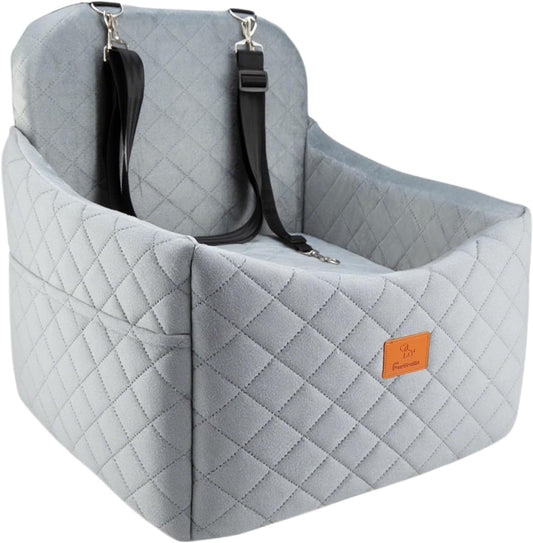 Dog Car Seats for Small Dogs, FurFrolic Memory Foam Dog Booster Seat for Small/Medium Dogs up to 35 lbs, Travel Pet Car Seat with Washable Detachable Cover, Storage Pockets, 2 Safety Belts (Gray)