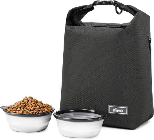 Pet Food Storage Bag，Dog Food Travel Bag with 2PCS Collapsible Dog Travel Bowls,Waterproof Kibble Storage Container for Road Trips, Camping (Black, Small)
