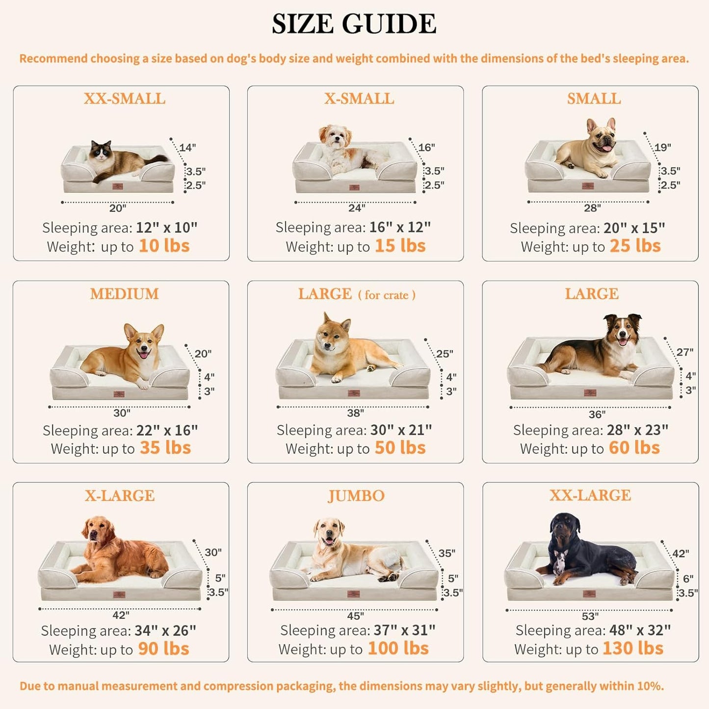 Comfort Expression Small Dog Beds Waterproof Orthopedic Foam Dog Sofa Beds for Small Dogs Comfy Pet Bed with Washable Removable Cover & Non-Slip Bottom(X-Small,Beige)