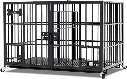 aboxoo 42/48 inch Heavy Duty Metal Dog Crate for 2 Dogs/Large Dog,All Metal Open Top Stackable,Dog Kennel Indoor with Wheels,Floor Grid, Tray, Divider and Feeding Bowl