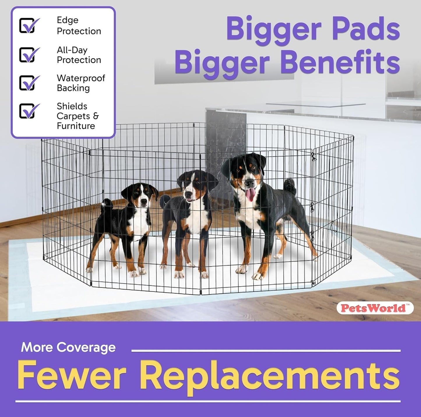 PETSWORLD Mega-Sized Dog Pee Pads (40" x 99") – 4XL Gigantic Pet Piddle Pads for Puppy Training, Incontinence – with Adhesive Sticky Tape – Leak Proof, 5-Layer Protection (160 Count)