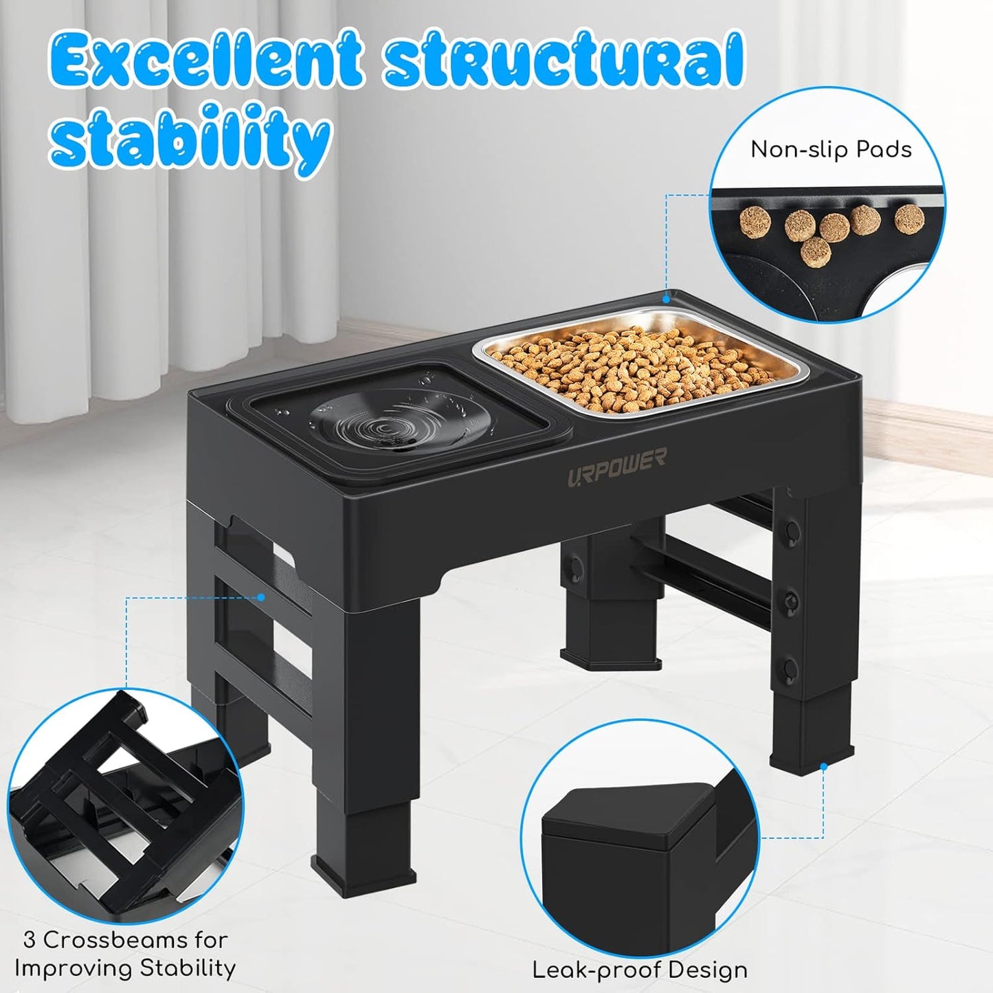 URPOWER 2-in-1 Elevated Dog Bowls 4 Height Adjustable Raised Dog Bowls with No Spill Water Bowl and Stainless Steel Food Bowl Non-Slip Stand for Small Medium Large Dogs