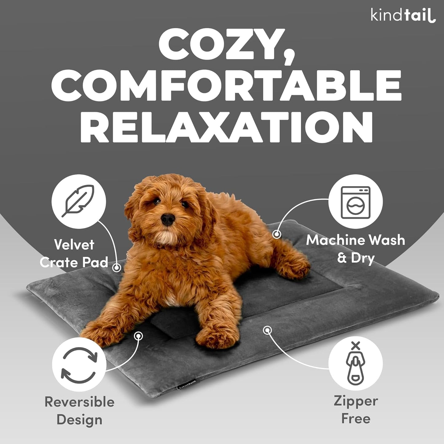 KindTail Dog Crate Pad - Soft Velvet, Reversible Bed - Machine Washable Kennel Mat for Pets up to 15 lbs, Mattress for Cozy Sleeping - 20” x 15” x 1” (Light Grey, Small)