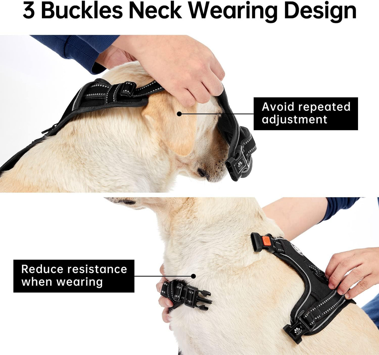 IVY&LANE No Pull Dog Harness for Large Dogs, Dog Vest Harness with Leash, Safety Belt and Storage Strap, Fully Adjustable Harness, 360° Reflective Strip, Soft Handle (Black, L)