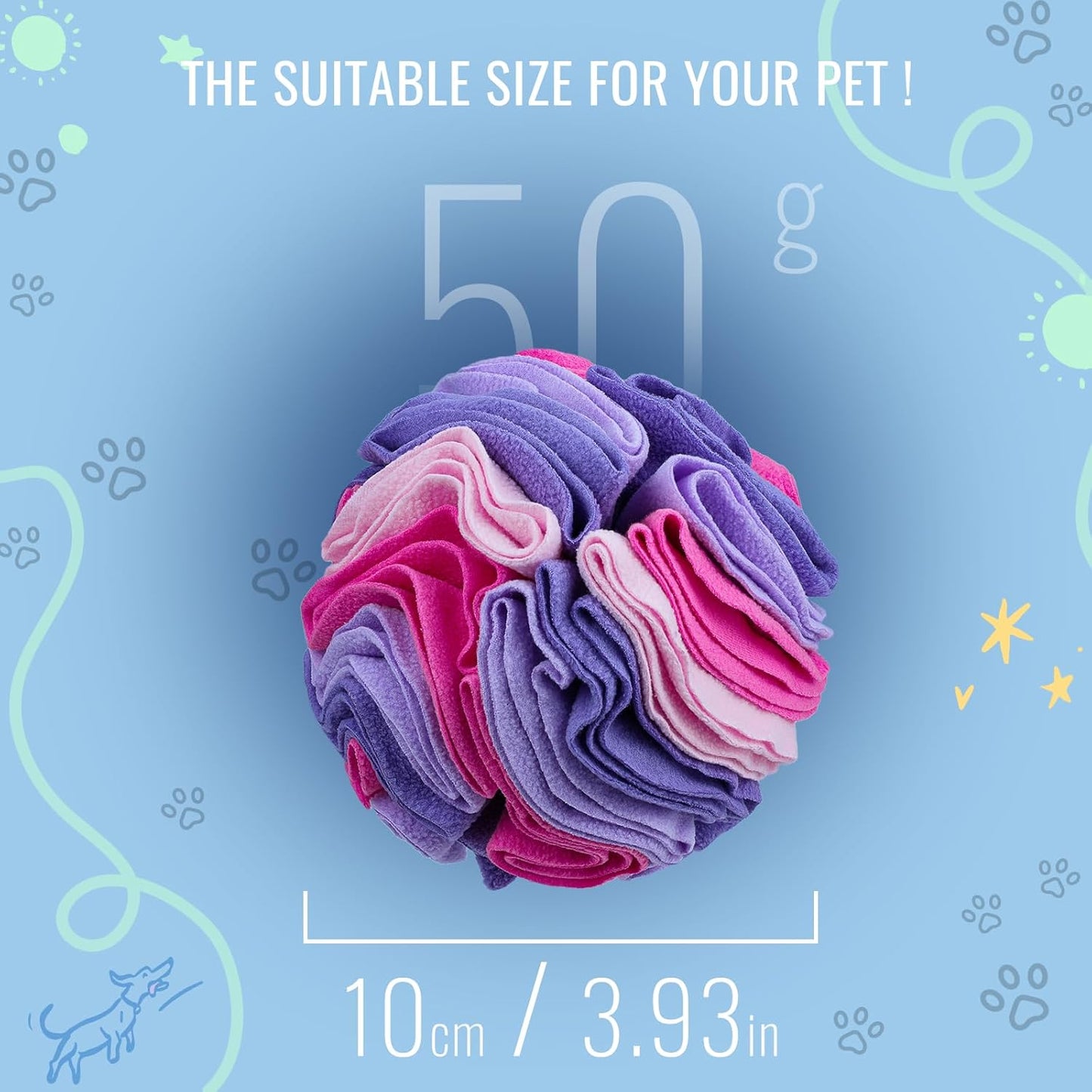 Pet Snuffle Ball, Puzzle Sniffing Interactive Dog Ball for Blind Dogs Training Stress Relief Dog Enrichment Toys Treat Machine Washable (Pink and Purple, 10cm)