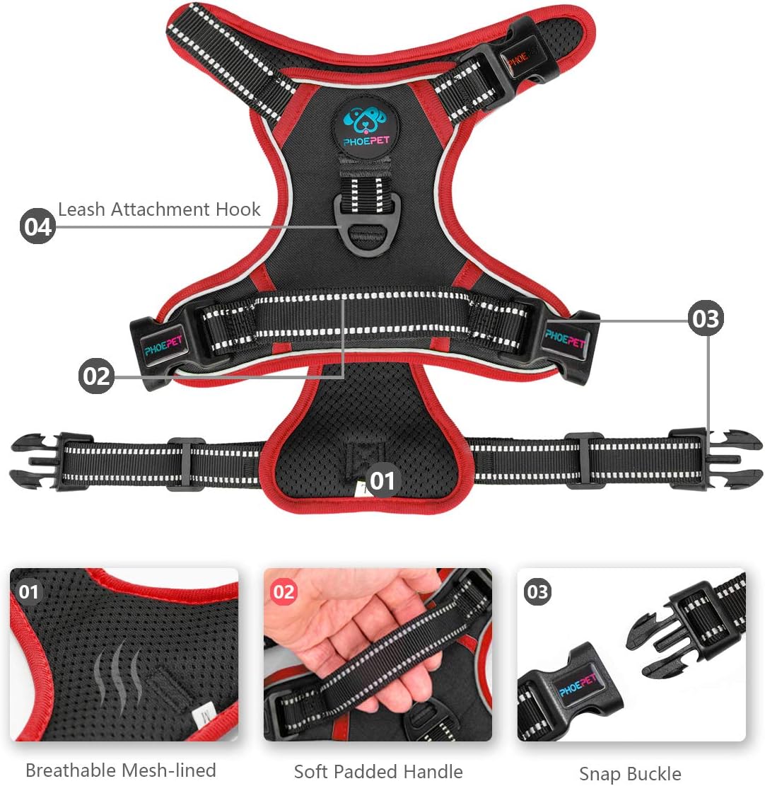 PHOEPET 2019 Upgraded No Pull Dog Harness, Reflective Adjustable Vest, with a Training Handle + 2 Metal Leash Hooks+ 3 Snap Buckles +4 Slide Buckles(M, Black)
