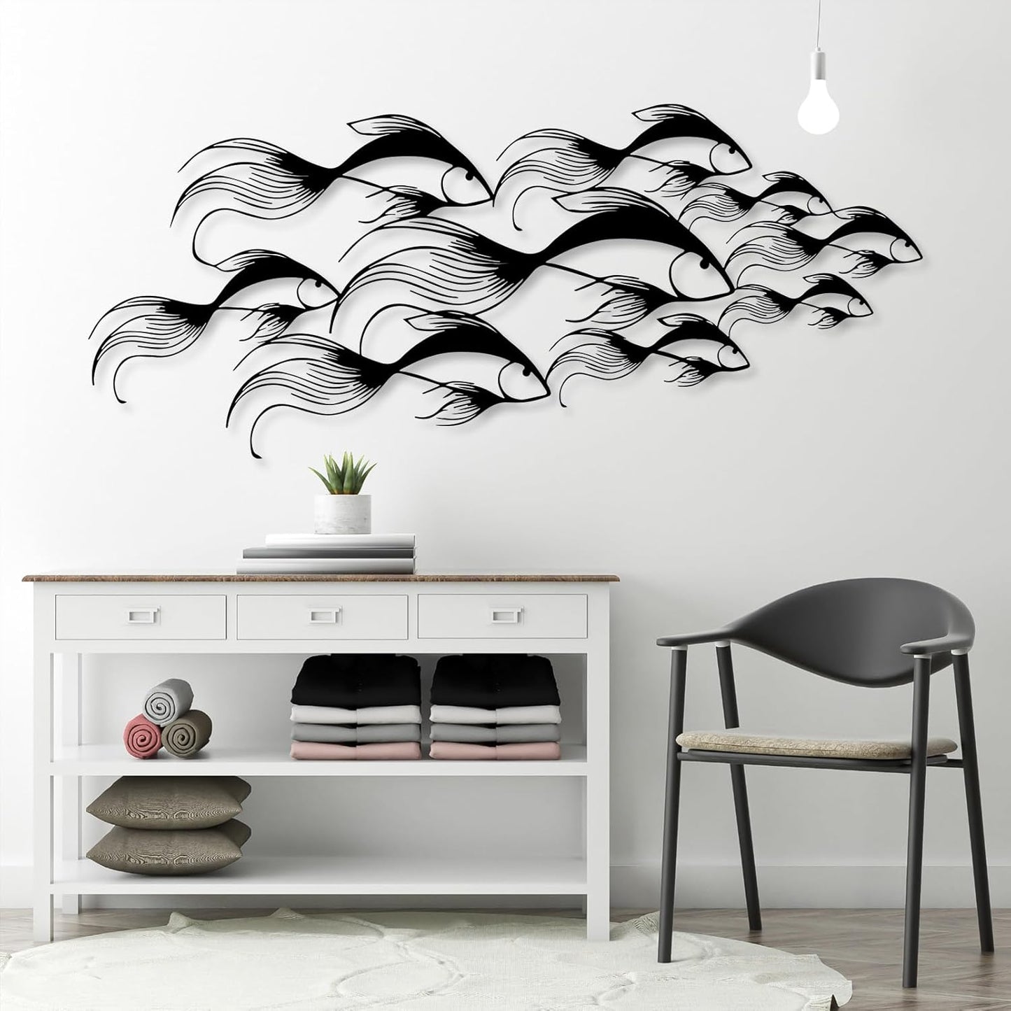 School of Fish Metal Wall Art, Metal Fish Wall Decor, Sea Life Wall Art, Large Nautical Wall Hanging, Modern Beach House Wall Decor, Ocean Themed Artwork for Bathroom (Gold, 48"x20" | 121x51cm)
