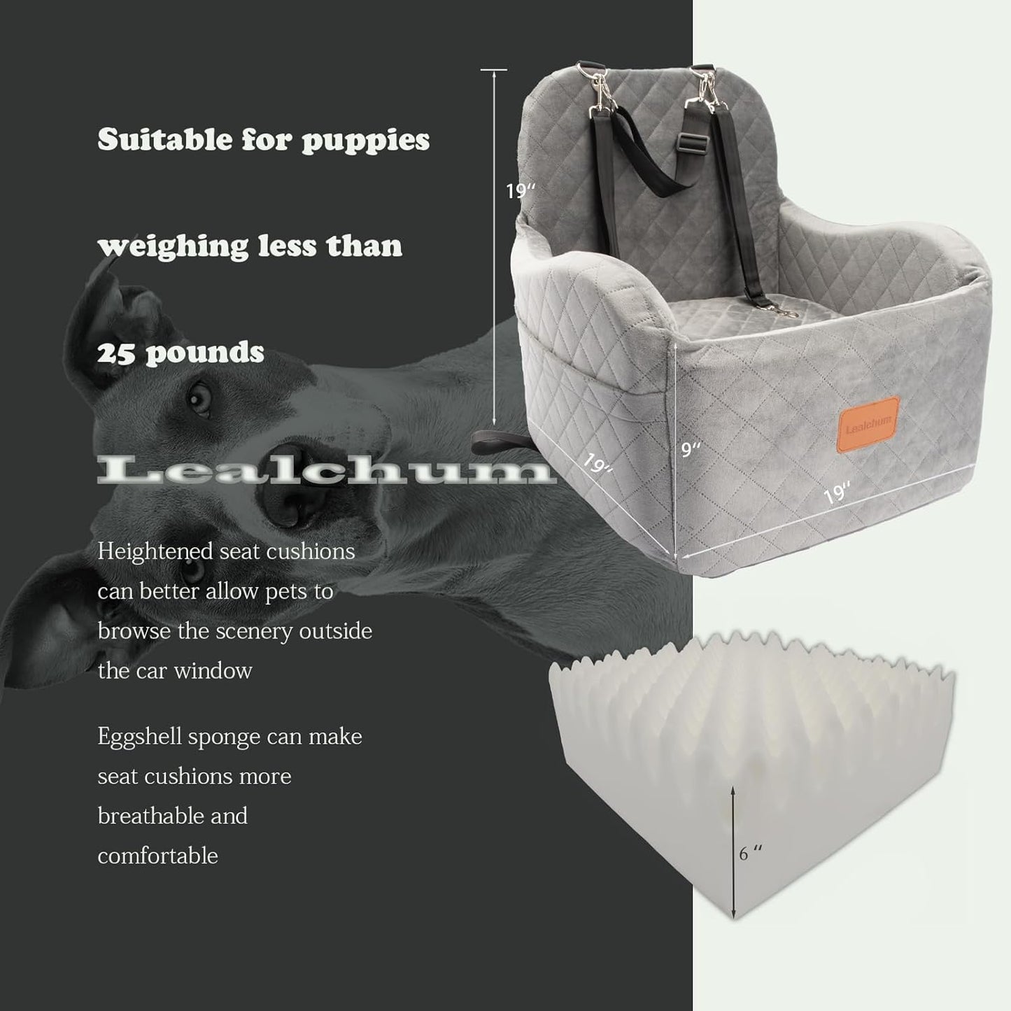 Dog Booster Car Seat for Small/Medium Dogs Up to 35lbs,Ultra Soft Fabric Covered,6in Elevated Cushion,Fully Detachable and Washable,3 Straps & 2 Pockets,Easy to Install(Grey,Medium)