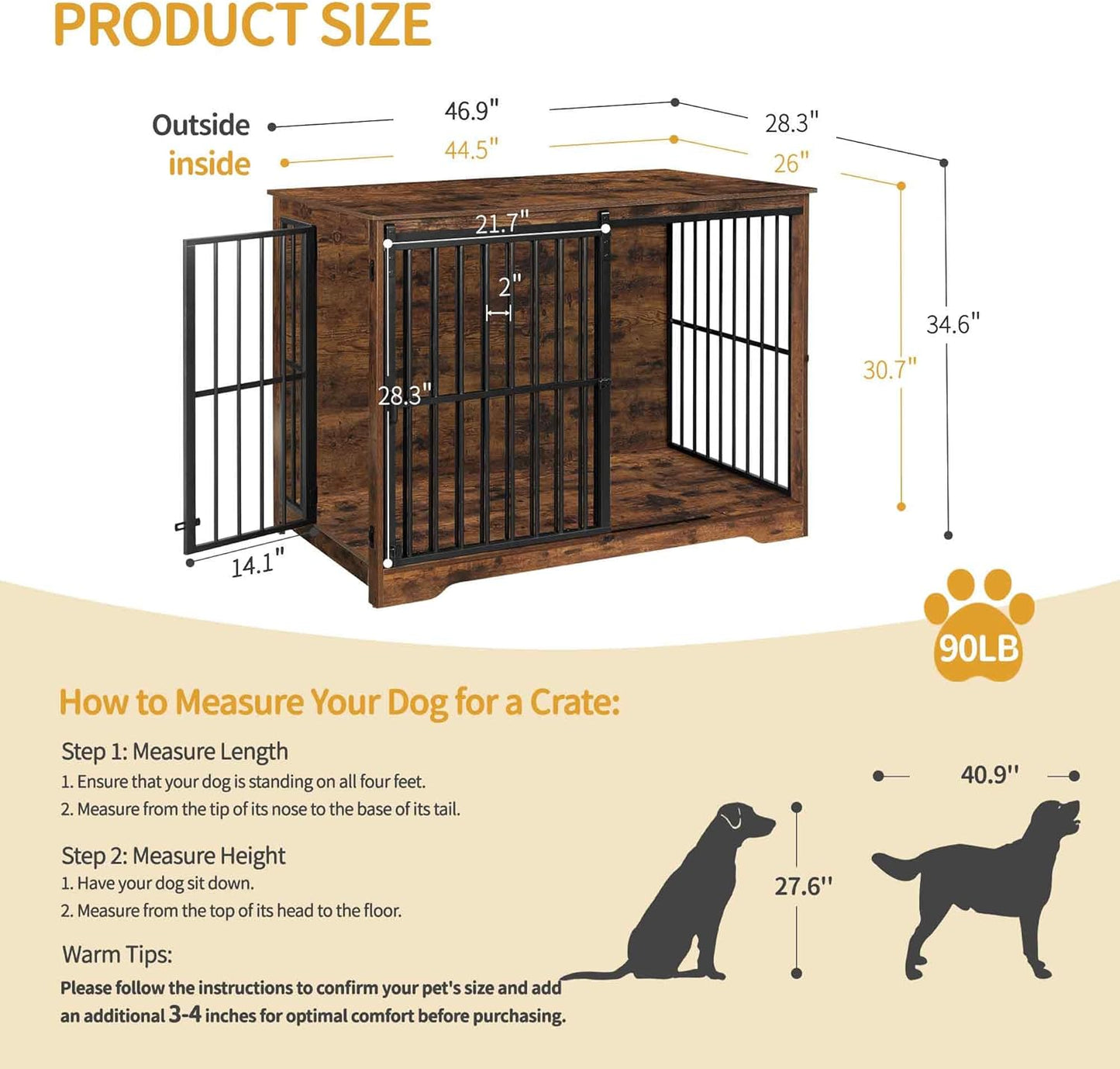 XXL Large Dog Crate Furniture, 46.9" Indoor Dog Kennel Furniture with Barn Door, Wooden Tall Dog Crate, Heavy Duty Dog Cage for Large Dogs, Side End Table, Anti-Chew, Rustic Brown DFC83801B