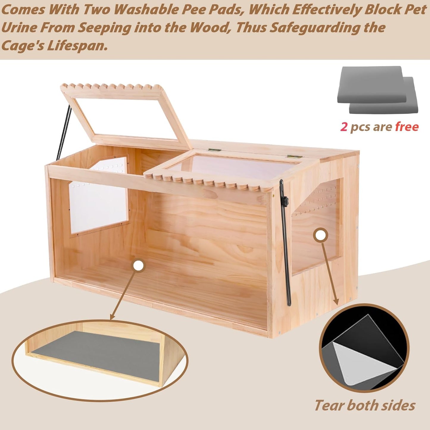 Wooden Hamster Cages and Habitats, 48"x20"x20" Guinea Pig Cage, Small Animal Cage for Dwarf Syrian Hamsters Degus Mice & Other Small Pets. Big Hamster Habitat with 2 Adjustable skylights.