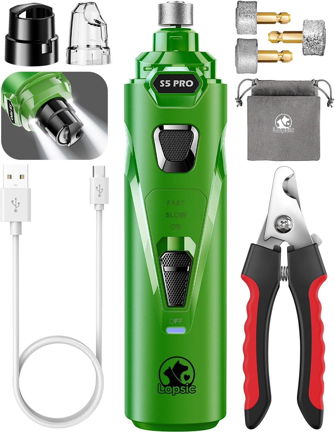 Dog Nail Grinder with 2 LED Lights Powerful 2 Speeds Super Quiet Dog Nail Trimmers with 3 Grinding Wheels Rechargeable Pet Dog Nail Clippers for Large Medium Puppy Dogs Dog Nail File Cat Nail Clipper