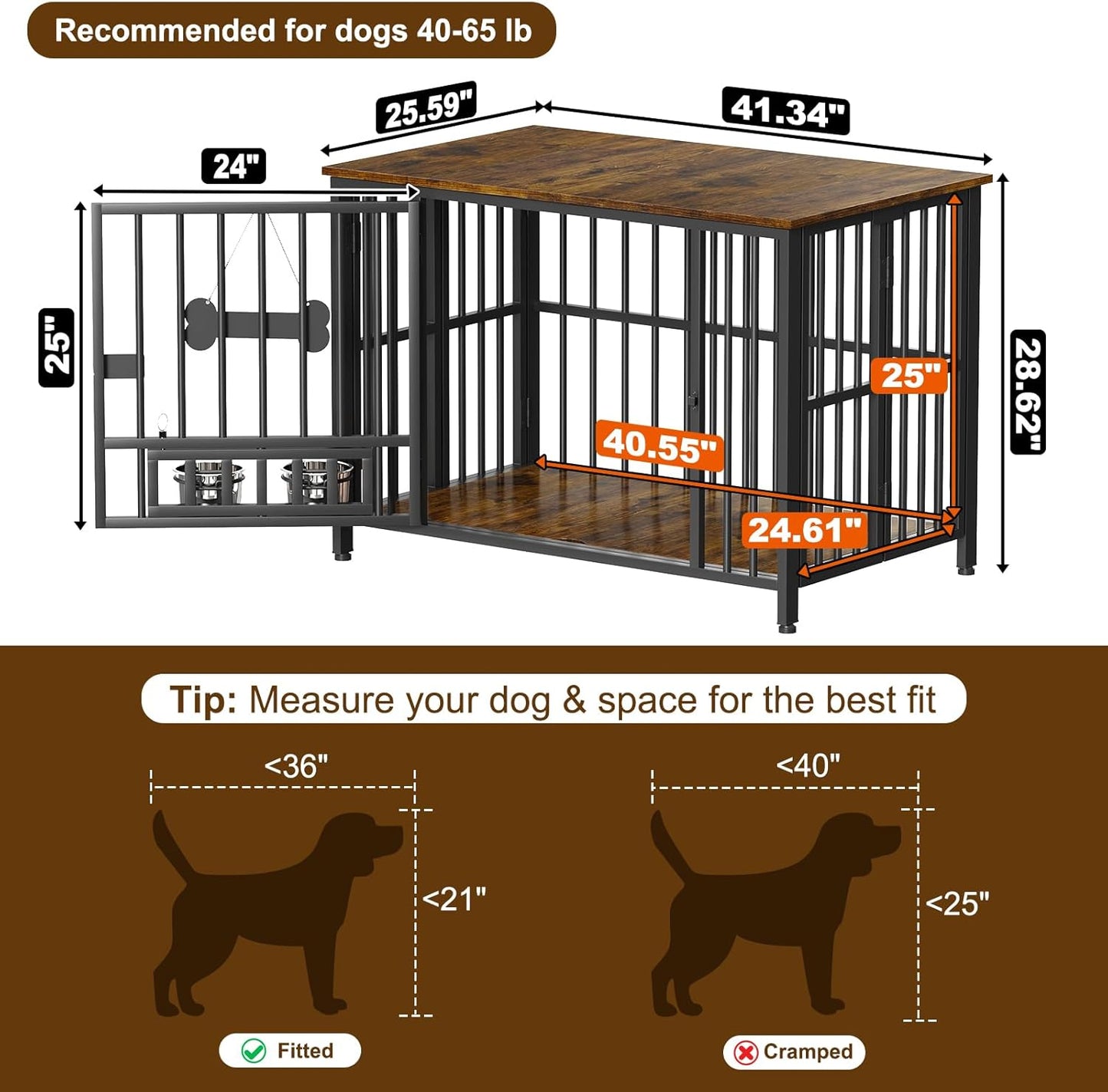 Easycom 41" Dog Crate Furniture Foldable, No Assembly Decorative Dog Kennel Indoor, Dog Crates for Large Dogs (40–65 lbs), Wooden Dog Cage with Adjustable Bowls and Name Tag, End Table, Rustic Brown