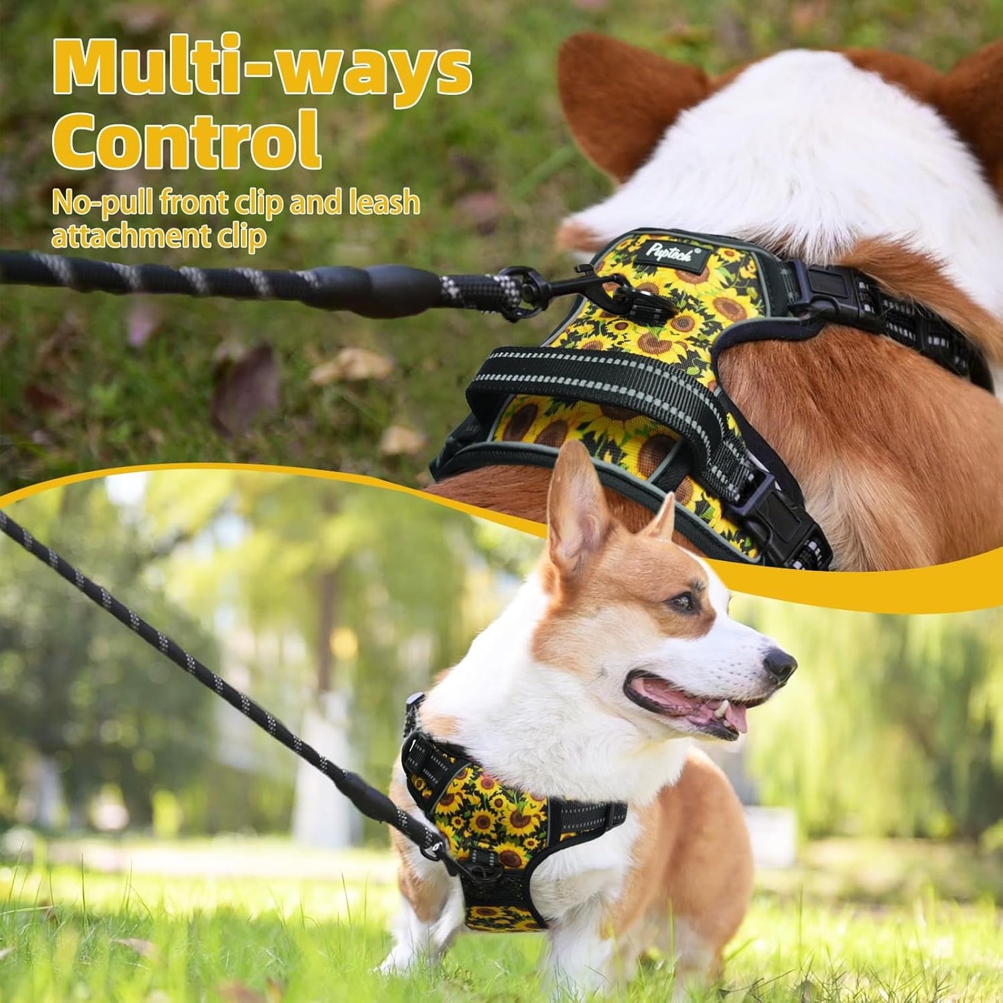 PUPTECK No Pull Dog Harness Medium Sized, Adjustable Reflective Dog Harness with Handle Easy Control, Comfortable Soft Padded Pet Vest Harness for Medium Dogs, Sunflower M