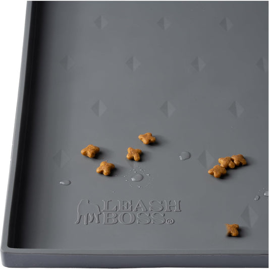 Leash Boss Dog Food Mat – Waterproof Silicone Pet Feeding Mat with Raised Edges for Dogs & Cats, Non-Slip Placemat for Food & Water Bowls,Spill-Proof Floor Protection,Easy to Clean(Grey,S-18" X 11")