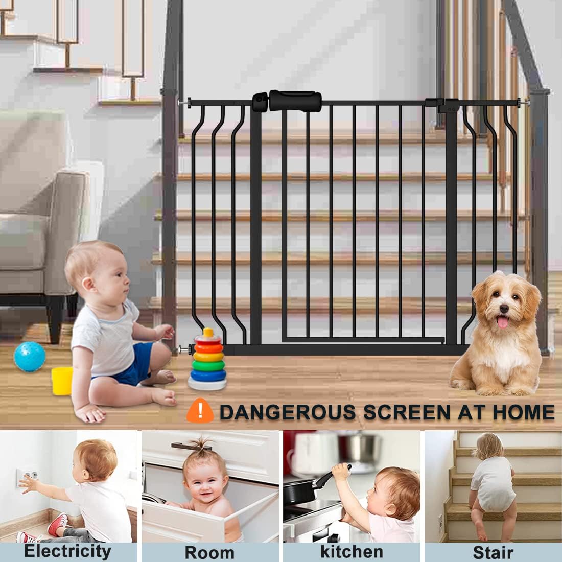 Extra Wide Black Baby Gate 38.5-43.5 Inch Walk Through Pressure Mounted Safety Gate No Drill Tension Metal Gate for Dog Cat and Infant Toddler