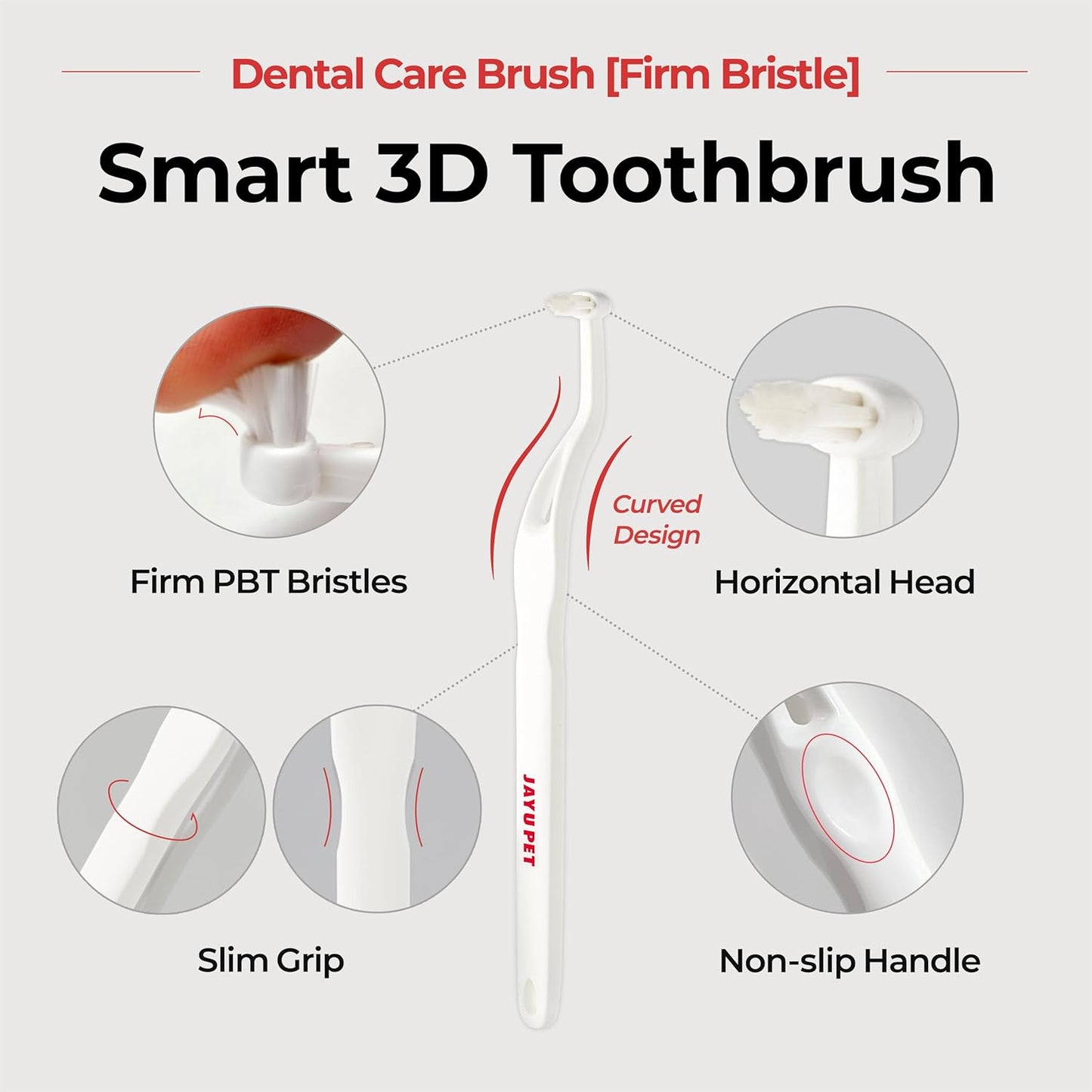 JAYU PET Dental Care Brush (Firm Bristles) 3ea - Resilient Dog Toothbrush, Cat Toothbrush for Tartar & Plaque Removal, Horizontal Head and S-Curved Body