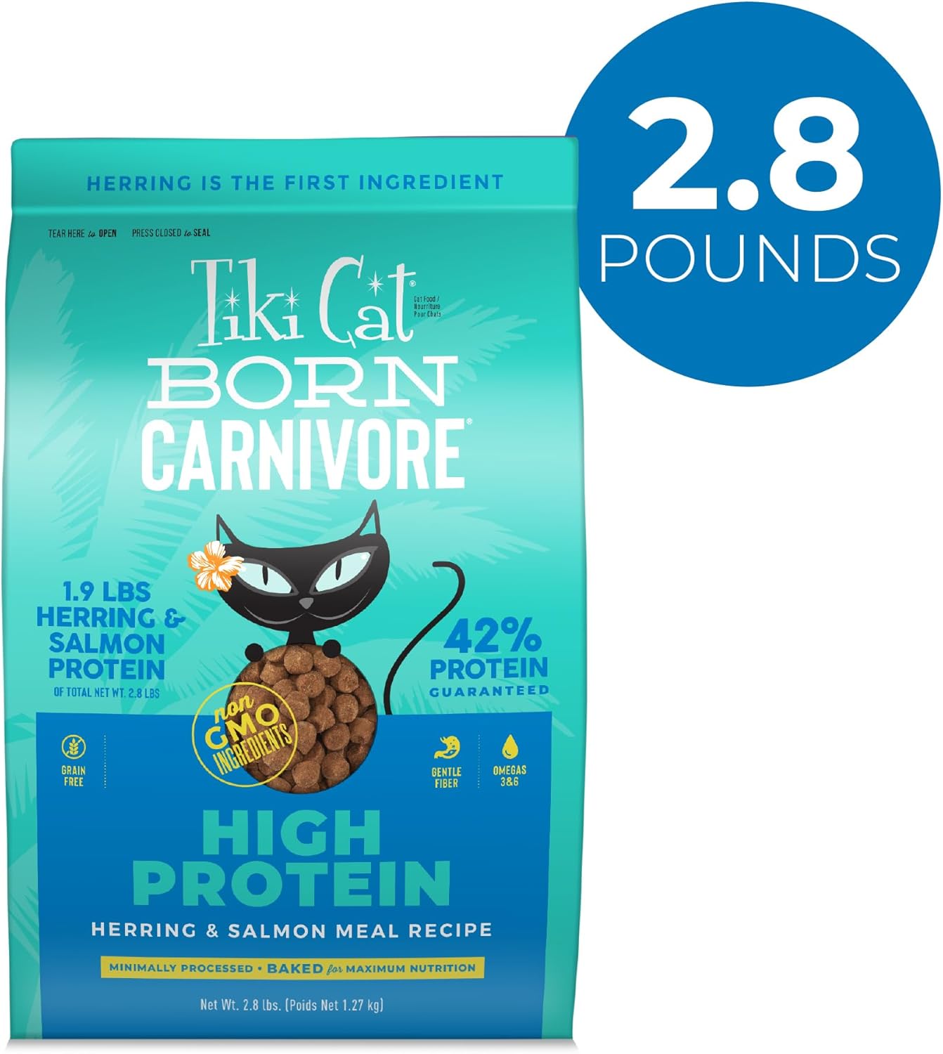 Tiki Cat Born Carnivore High Protein Dry Cat Food, Herring & Salmon Meal, 2.8 lbs. Bag