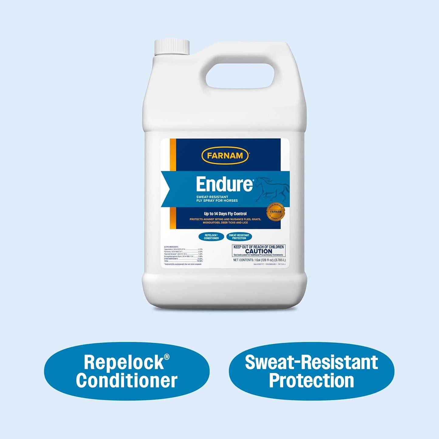 Farnam Endure Sweat-Resistant Fly Spray for Horses, Lasts Up to 14 Days, Protects Against Flies, Gnats, Mosquitoes, Ticks & Lice, 128 oz.