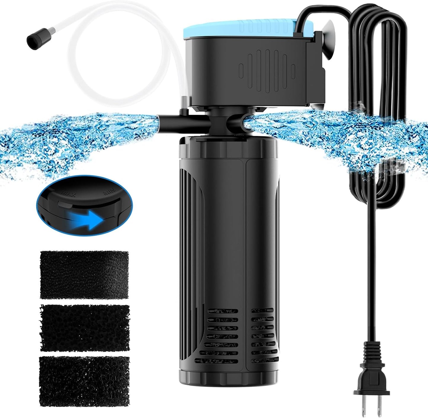 AquaMiracle Submersible Aquarium Filter 3-Stage in-Tank Filter with Dual Water Outlet & Aeration, Water Flow Adjustable 300GPH Internal Fish Tank Filter for 60-150 Gallon Aquariums