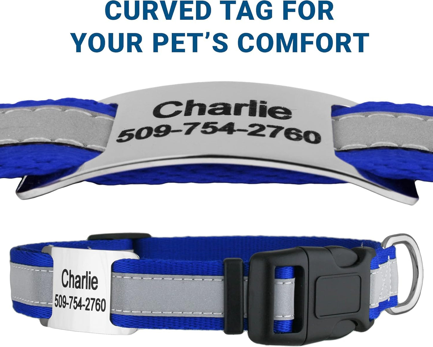 GoTags Reflective Personalized Dog Collar with Nameplate, Adjustable Dog Collar with Custom Engraved Steel Slide On Pet ID Tag, Silent, No Noise Dog Tag for Large Medium or Small (Blue, Medium)
