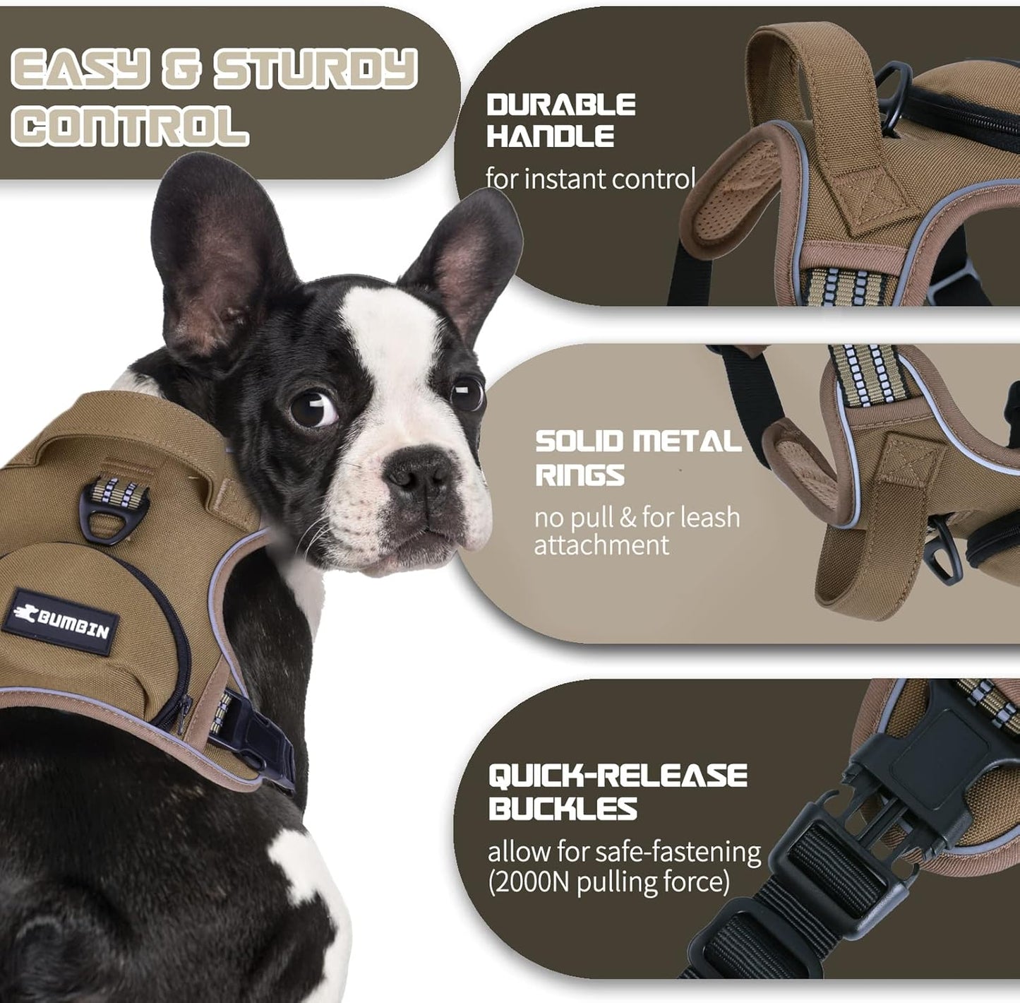 No Pull Dog Harness for Large Dogs, Adjustable No Choke Pet Vest with Dog Leash Fit Smart Reflective Pet Walking Harness for Training Easy Control Soft Handle Brown XL