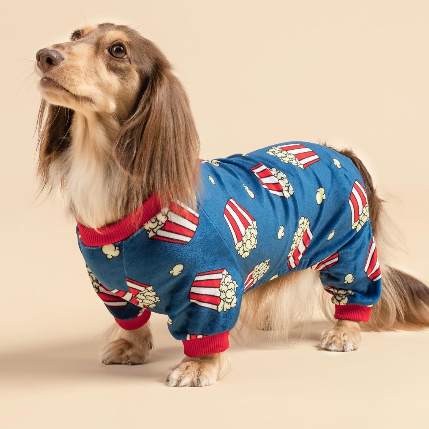 Fitwarm Popcorn Dog Pajamas, Funny Dog Clothes for Small Dogs Boy Girl, Fleece Pet Onesie with Feet, Blue, Red, White, Yellow, Medium