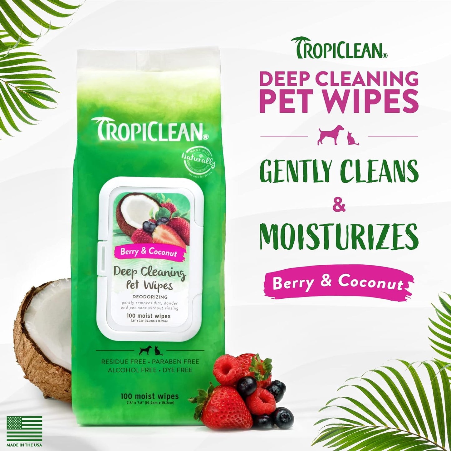TropiClean Deep Cleaning Pet Wipes, 100ct - Wipes for Dogs & Cats - Gently Removes Dirt, Dander & Smells - for Pet Paws, Face, Body & Bottom - Sweet Berry & Coconut Scent