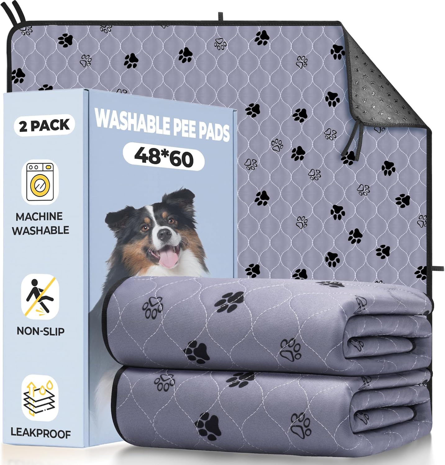 Fostanfly Non-Slip Washable Pee Pads for Dogs, 2 Pack 48''x60'' Extra Large Ultra-Absorbent and Leak-Proof Reusable Potty Training Pads for Dogs, Puppy and Cats of Add 8 Lanyards