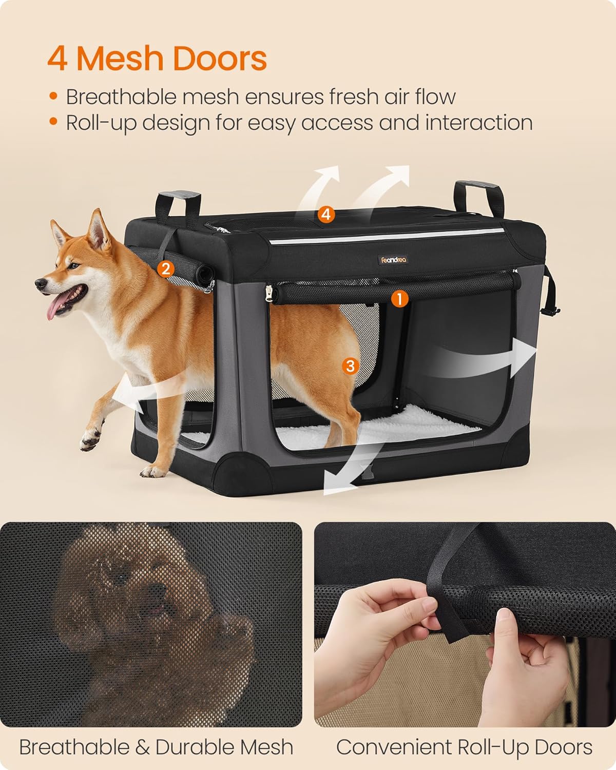 Feandrea Collapsible Dog Crate, 30-Inch Portable Dog Travel Crate for Medium Dogs, Oxford Fabric Pet Carrier with 4 Mesh Doors, Handles, Storage Pocket, Water Bottle Holder, Ink Black UPDC017B01