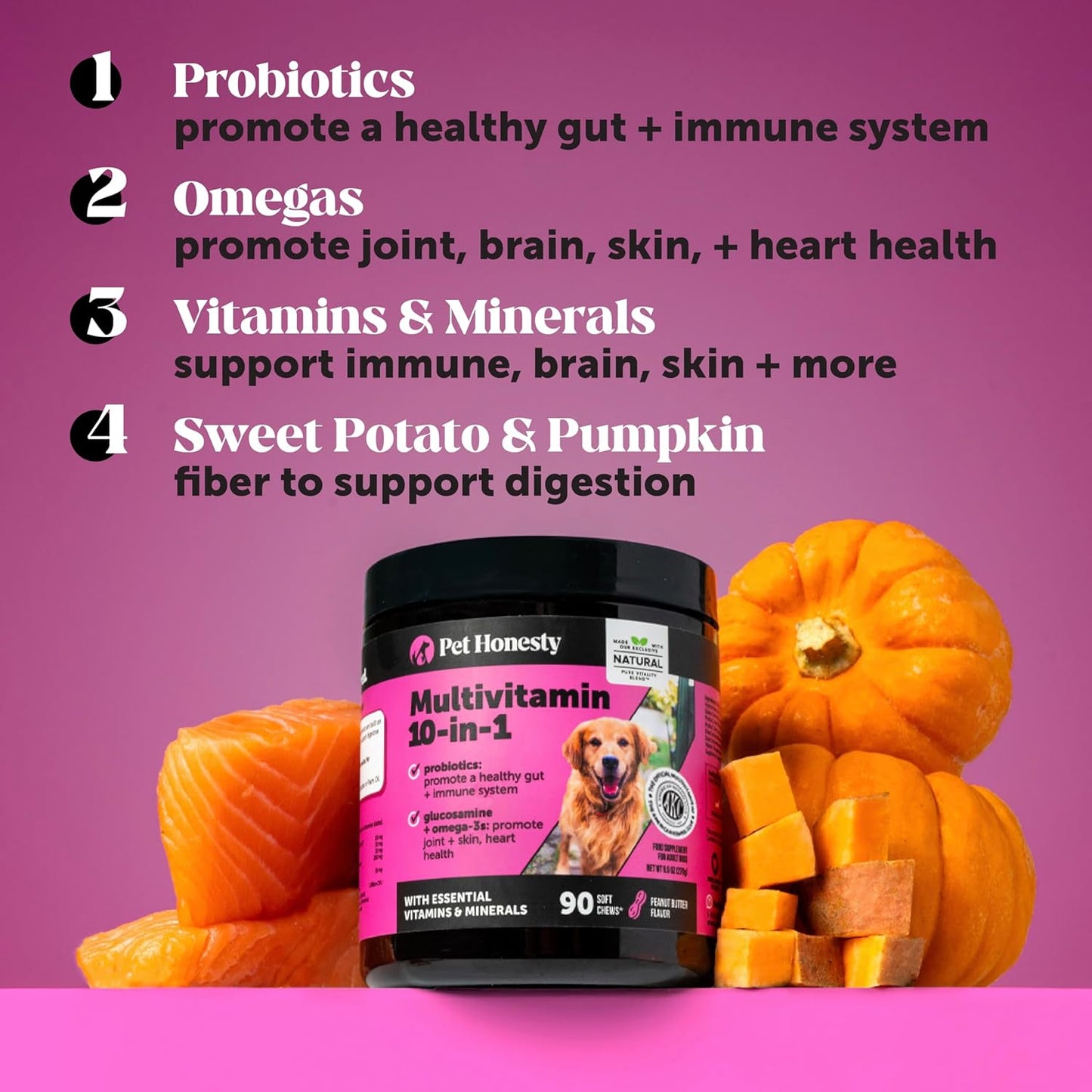 Multivitamin Dog Supplement, Glucosamine chondroitin for Dogs, Probiotics, Omega Fish Oil, Dog Supplements & Vitamins, Vitamins for Skin and Coat Allergies, (Peanut Butter 90 ct)