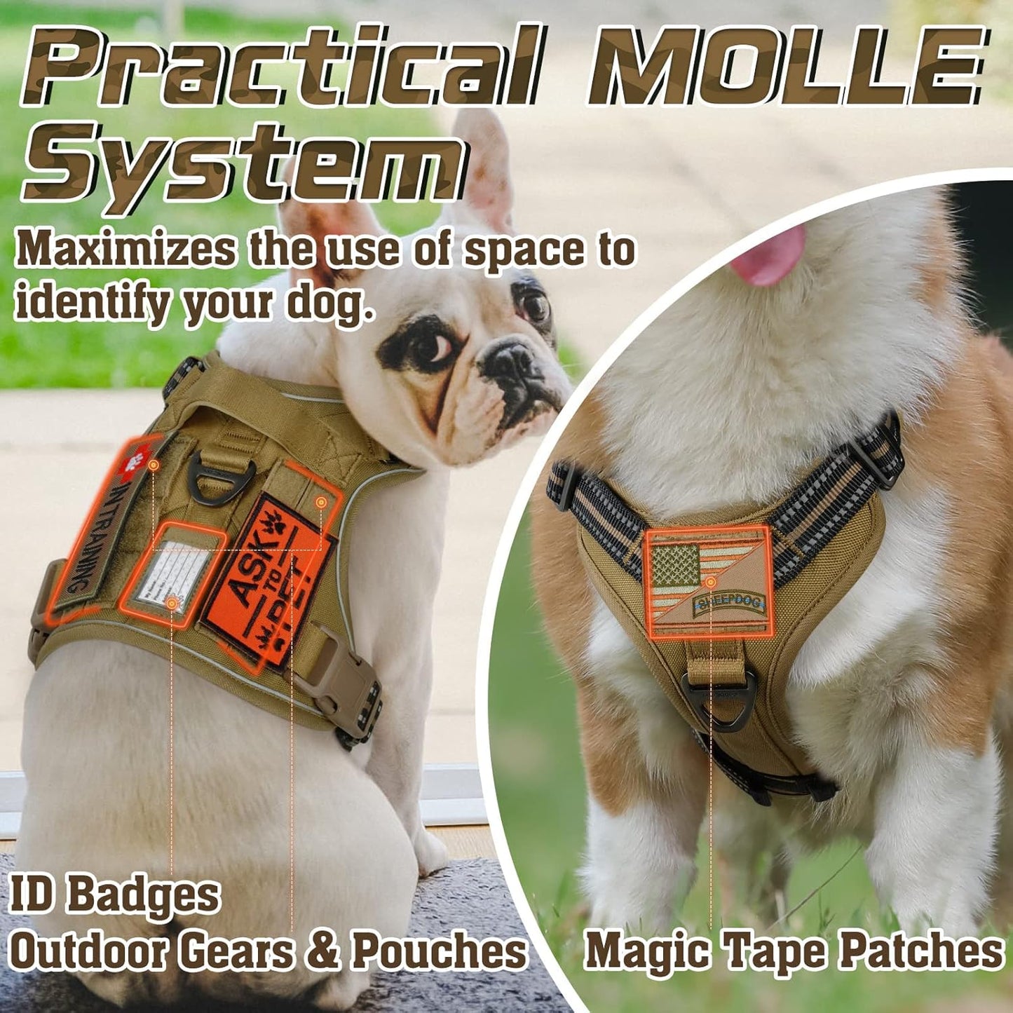 rabbitgoo Tactical Dog Harness for Large Dogs, No Pull Military Service Vest with Handle & Molle, Easy Control for Training Walking, Adjustable Reflective Straps, Brown, XL