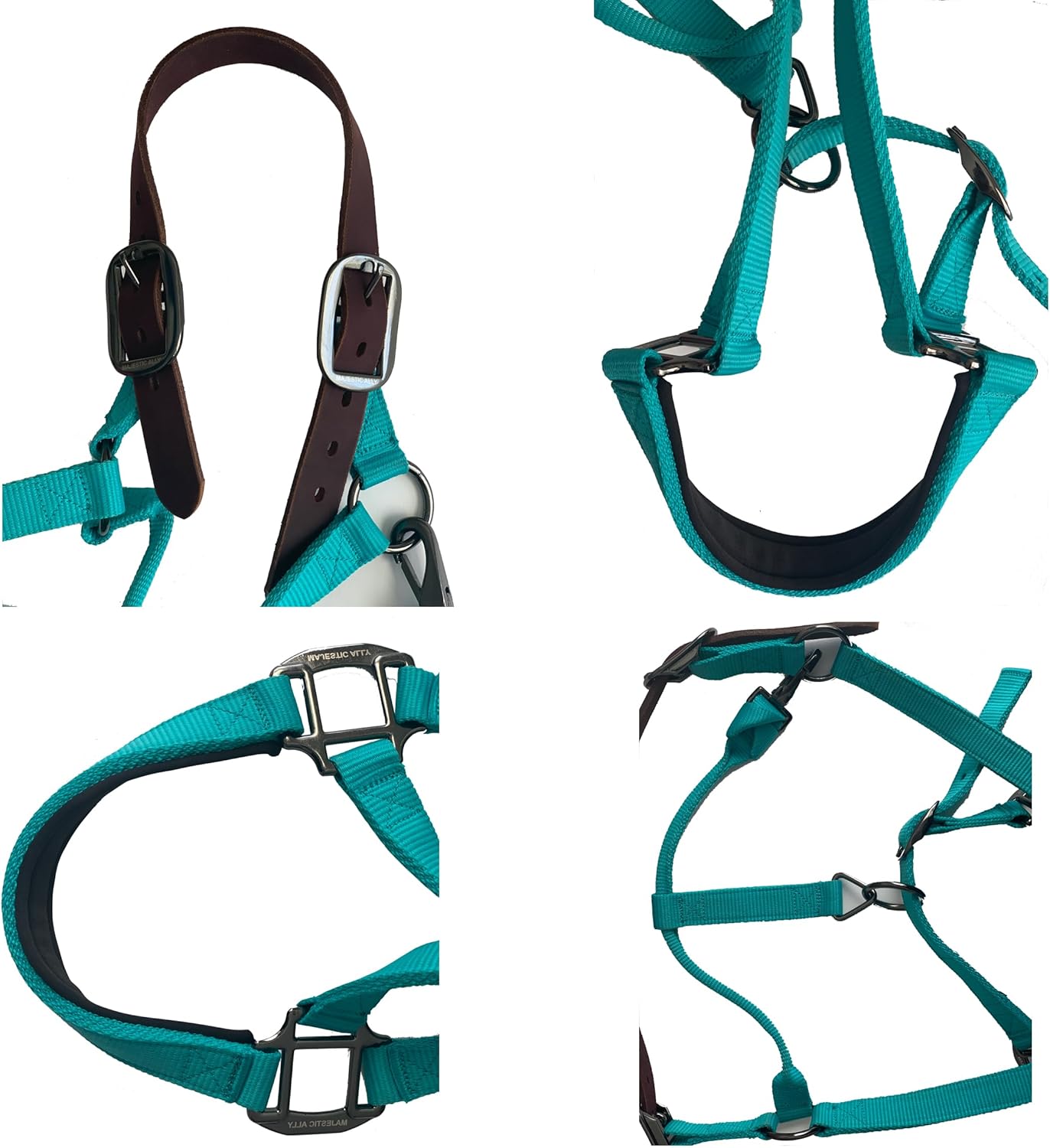 Majestic Ally Leather Halter with Matching Lead Rope for Horses – Leather Breakaway Crown - Adjustable Chin Strap – Rolled Throat Latch – Padded Noseband – Full (Hunter Green, Full)