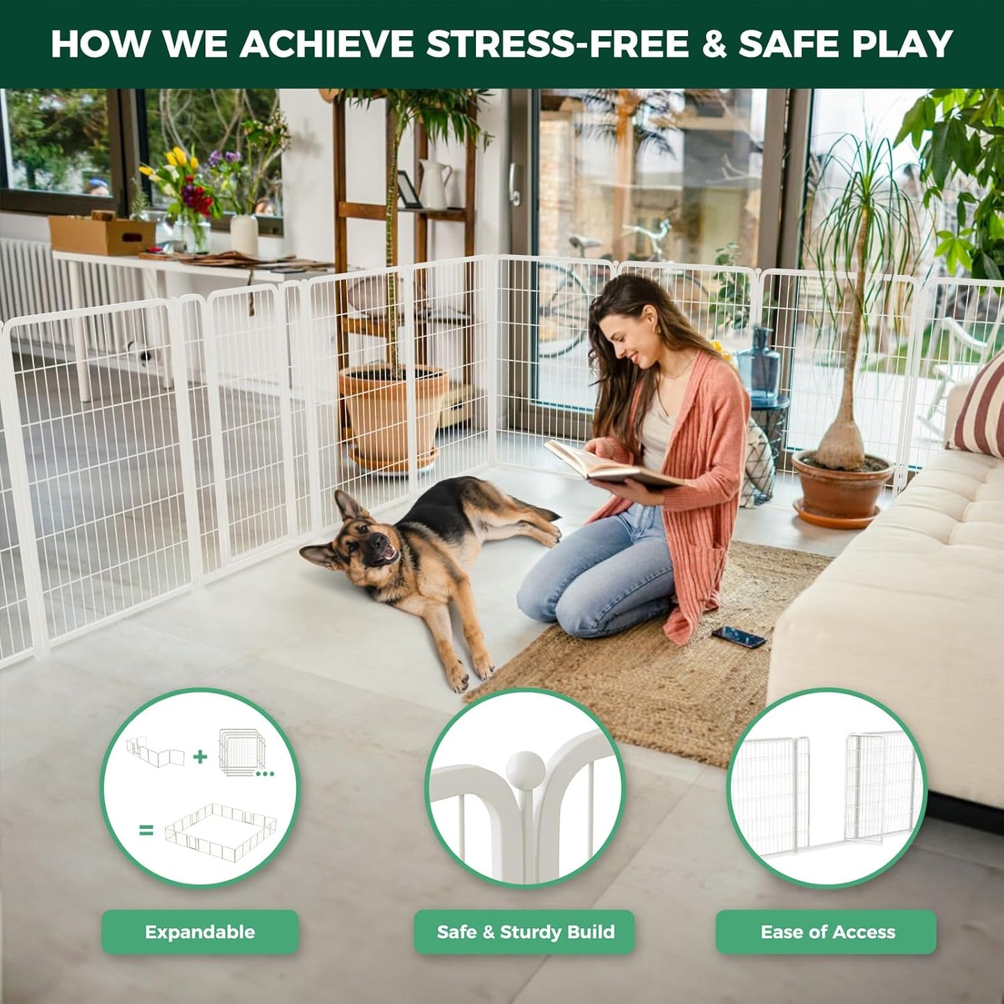 FXW Homeplus Unleashed Indoor Dog Playpen - Stress-Free and Safe Play, Heavy Duty 45 Inch 8 Wire Panels Dog Pen for Large Dogs, White│Patented