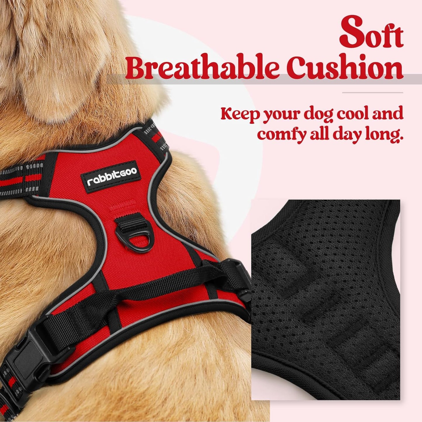rabbitgoo Dog Harness No Pull with 2 Leash Clips, Adjustable Soft Padded, Reflective Oxford No Choke Pet Vest with Easy Control Handle for Large Dogs, Red, XL
