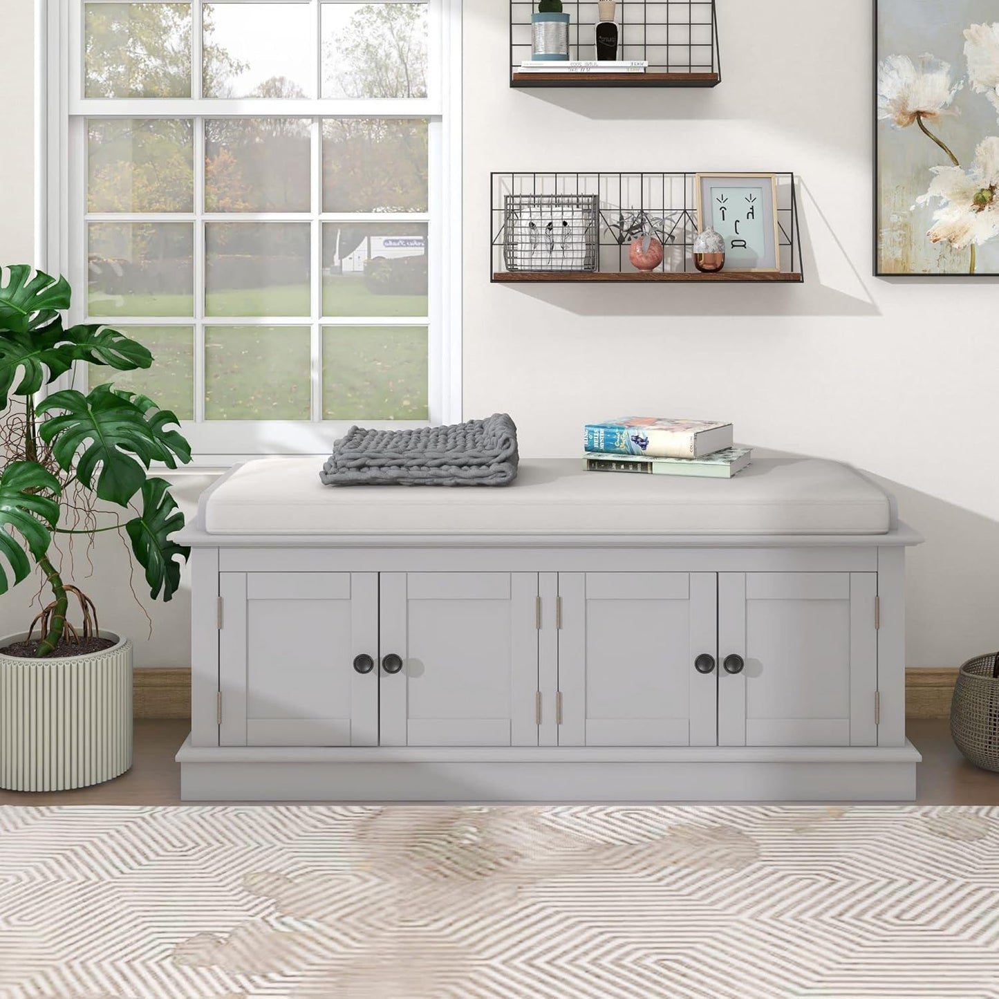 Storage Bench with 4 Doors and Adjustable Shelves, Shoe Bench with Removable Cushion for Living Room, Entryway 42.7" L x 16" W x 17.4" H (Gray Wash)