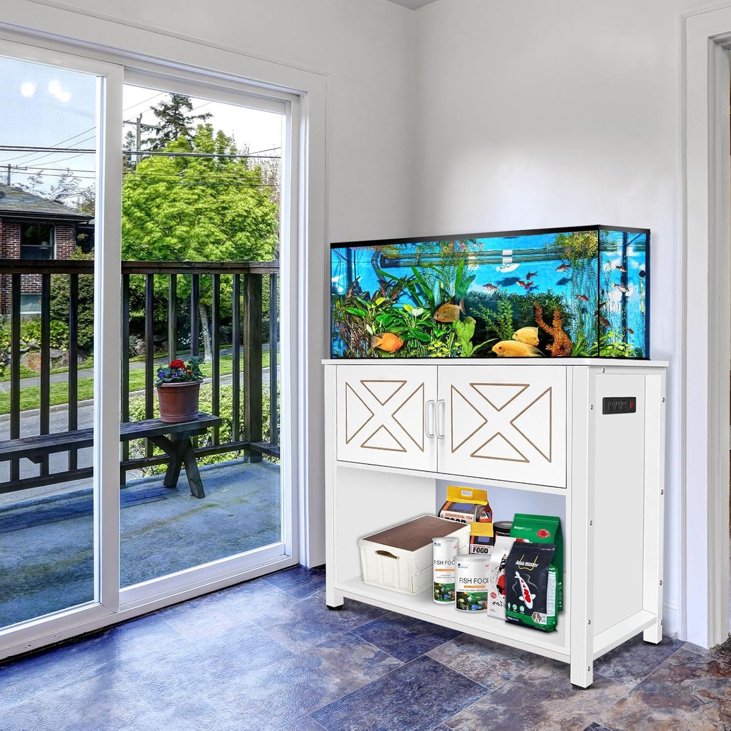 40 Gallon Tank Stand with Cabinet and Power Outlets, Heavy Duty Metal Aquarium Stand for 40-50 Gallon Breeder Tank, Turtle Tank, Double Terrarium Stand, 660LBS Capacity, White