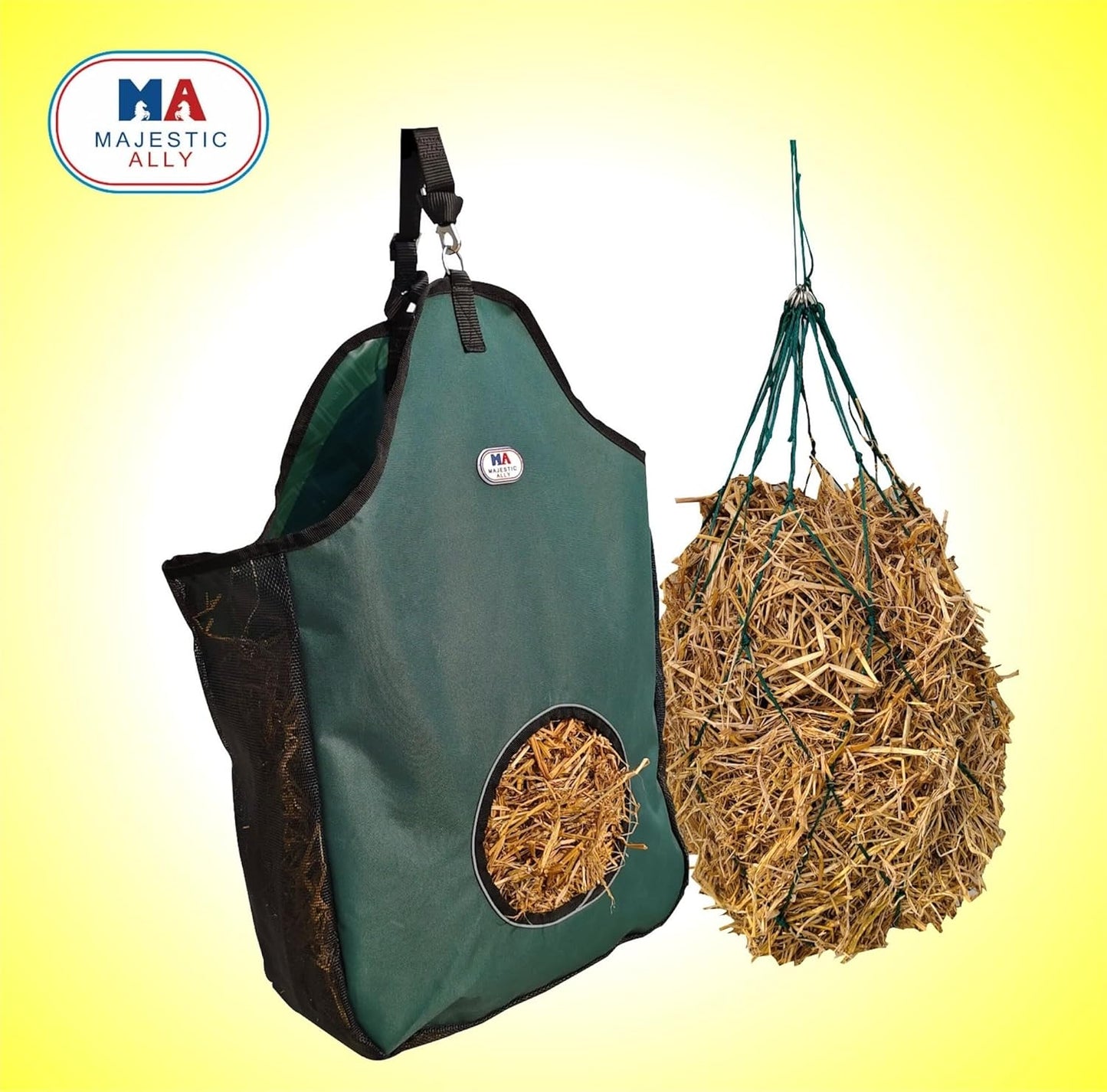 Majestic Ally 1200 D Hay Feeder Tote Bag for Horses, Sheep with Reflective Trim- Reduces Waste - Comes with 36” Hay Net. (Hunter Green)