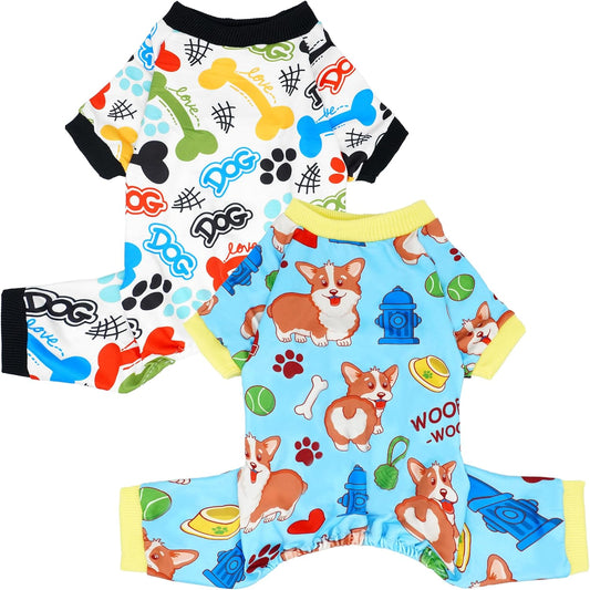 2PCS Dog Pajamas for Small Sized Doggie Pjs Clothes Puppy Onesies Outfits Pet Jammies Boy Girl Male Female Apparel Lightweight Stretch Paw Bone S