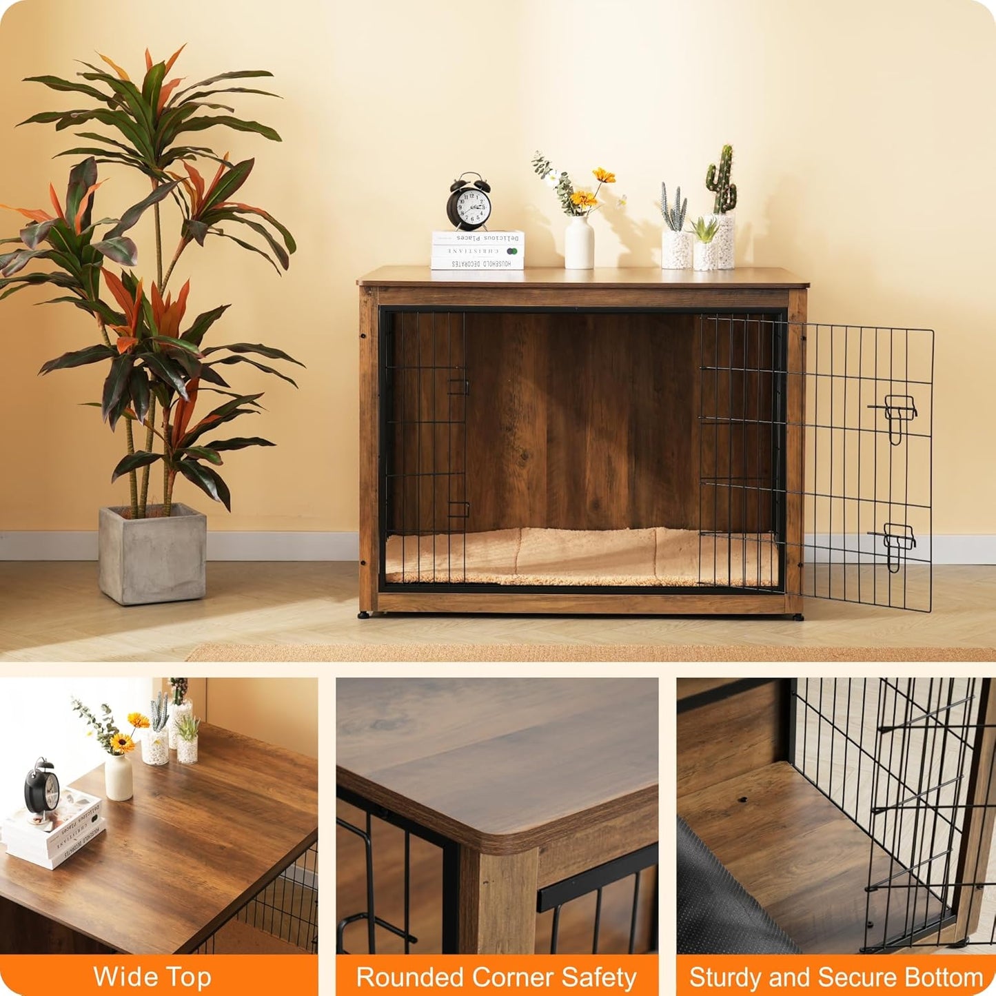 DWANTON Dog Crate Furniture with Cushion, Wooden Kennel Table with Double Doors, Indoor Dog House, Extra Large, 43.3" L, Warm Brown