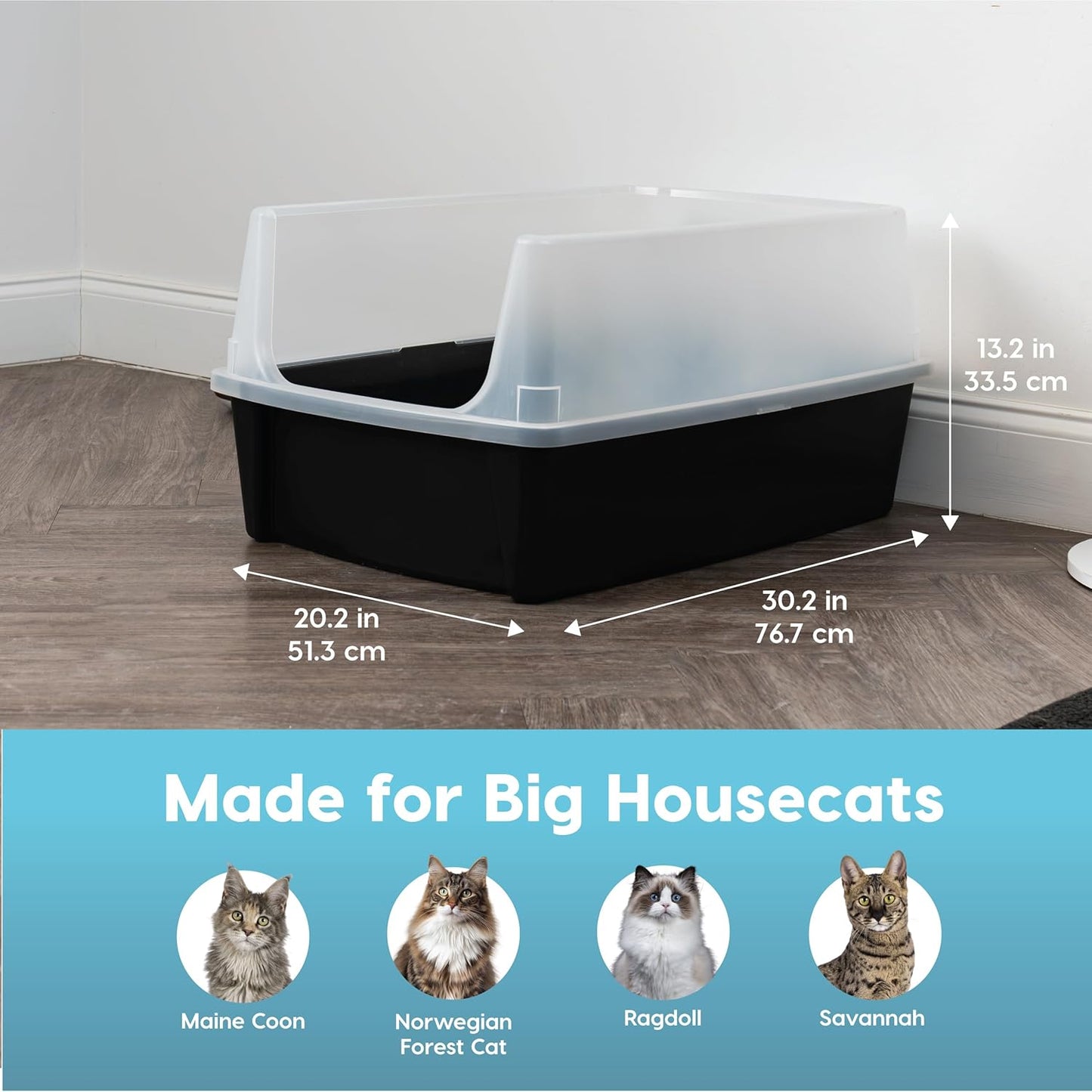 Bundle of IRIS USA 2 Pack XX-Large Cat Litter Boxes with Scatter Shield and Scoop, Open Top High Sided Cat Litter Pan, Black & Navy