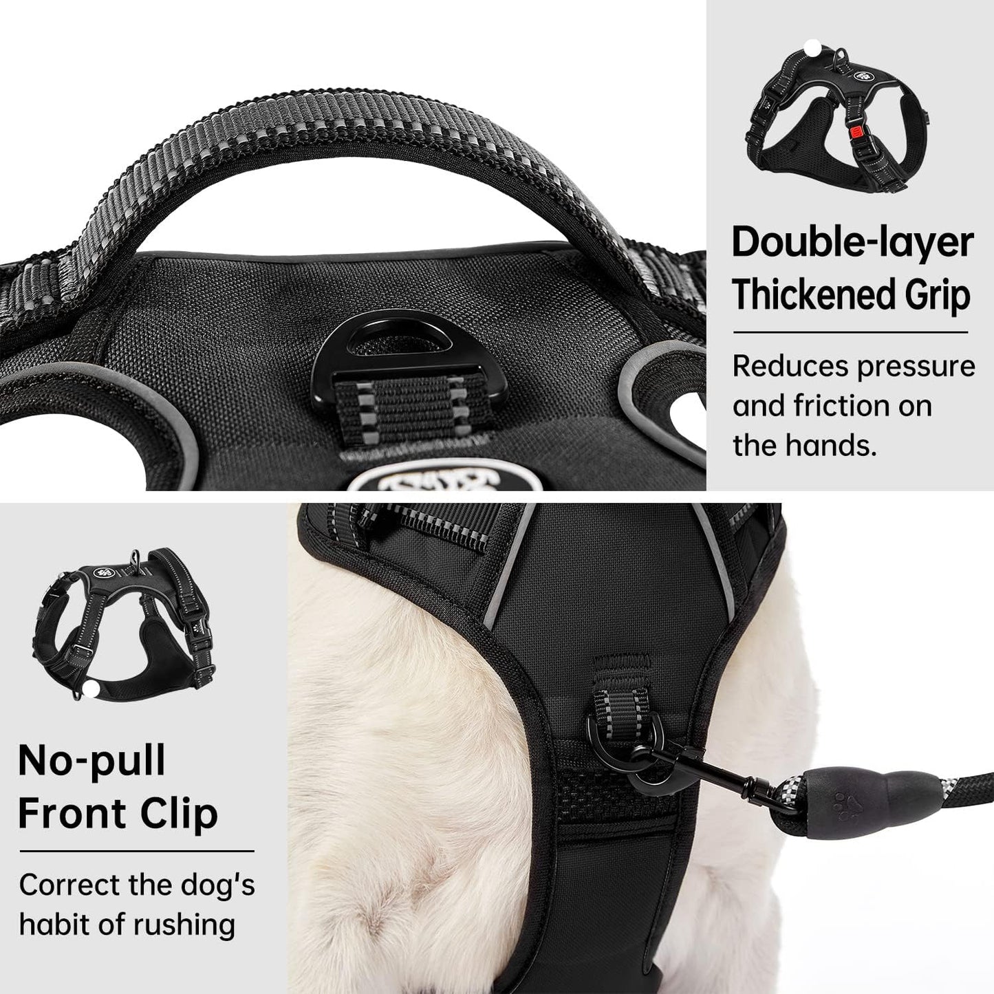 IVY&LANE No Pull Dog Harness for Large Dogs, Dog Vest Harness with Leash, Safety Belt and Storage Strap, Fully Adjustable Harness, 360° Reflective Strip, Soft Handle (Black, L)
